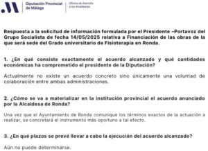 El supuesto acuerdo del grado de Fisioterapia en Ronda se desvanece: la Diputación desmiente a la alcaldesa 1 Respuesta oficial de la Diputación de Málaga al Grupo Socialista.