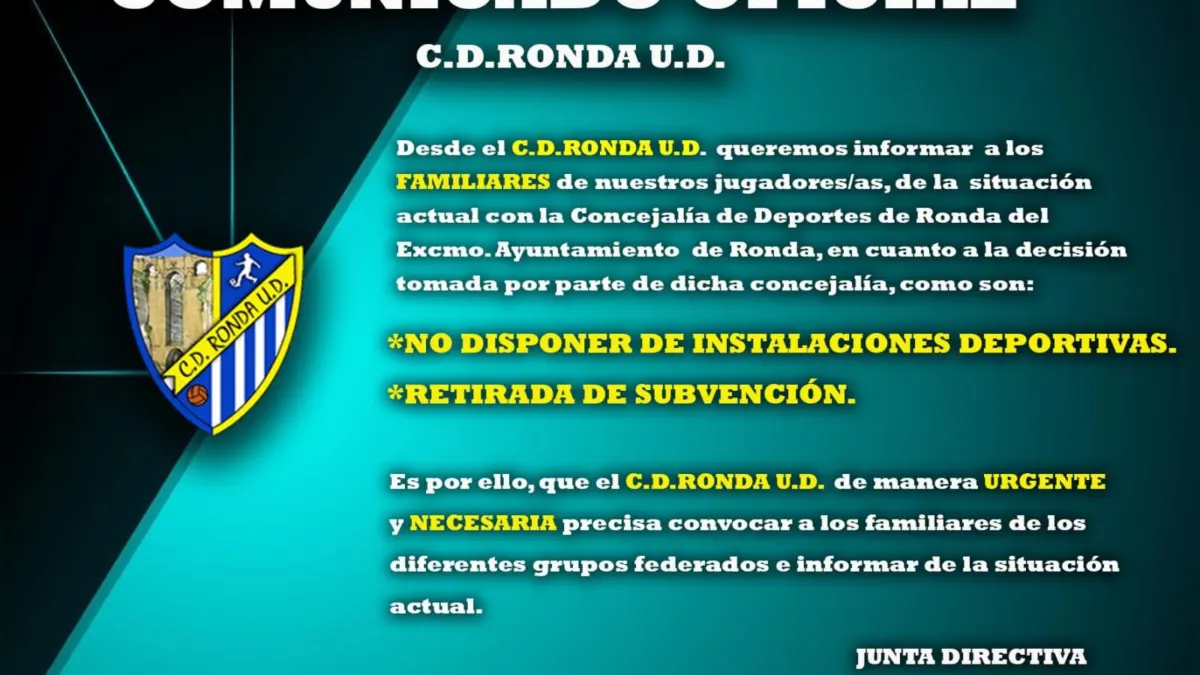 El Ayuntamiento deja sin instalaciones y sin subvención al CD Ronda