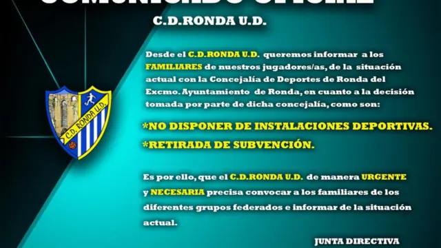 El Ayuntamiento deja sin instalaciones y sin subvención al CD Ronda