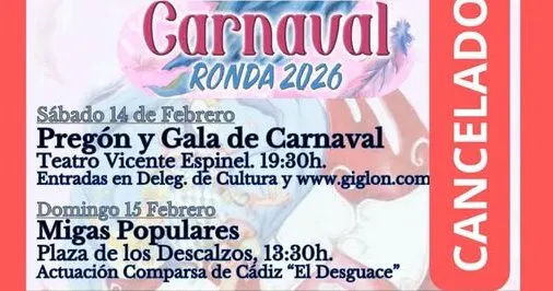 Suspendidas las actividades del Carnaval de Ronda para el fin de semana próximo por las inclemencias meteorológicas
