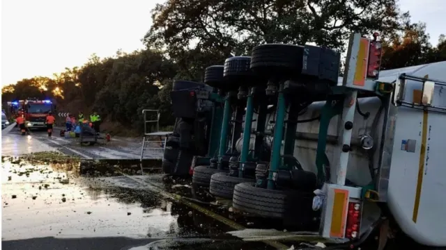 El vuelco de un camión de aceite en la A-367 en Ronda deja al conductor herido y obliga a cortar la carretera